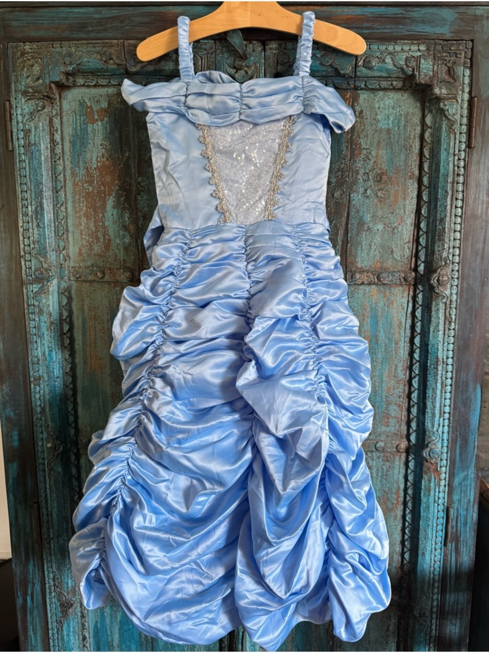 Girls Light Blue Satin Ruffled Formal Dress with Bow